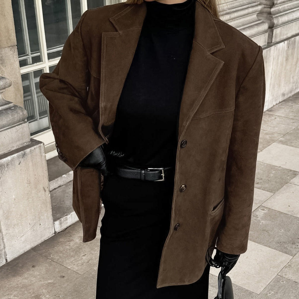 Brushed Velvet Retro Lapels Loose Suede Jacket - VELORÉ