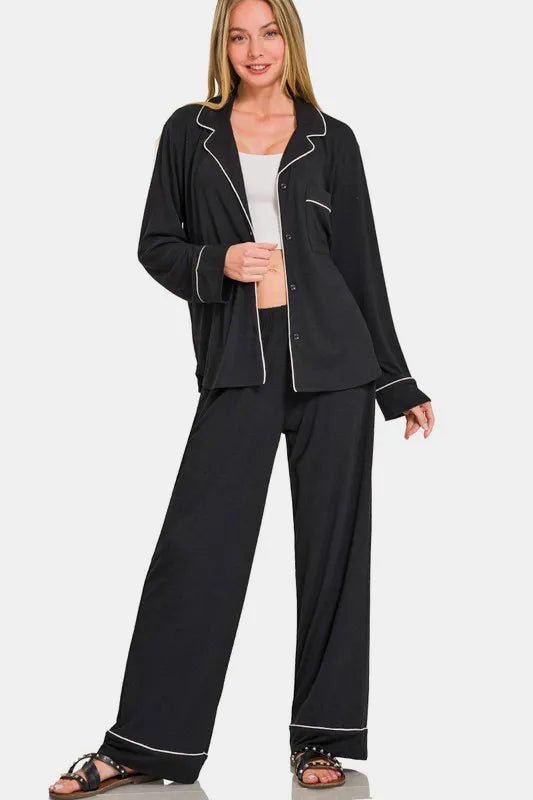 Button-Down Long Sleeve Top & Pants Lounge Set | VELORÉ