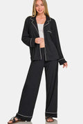 Button-Down Long Sleeve Top & Pants Lounge Set | VELORÉ