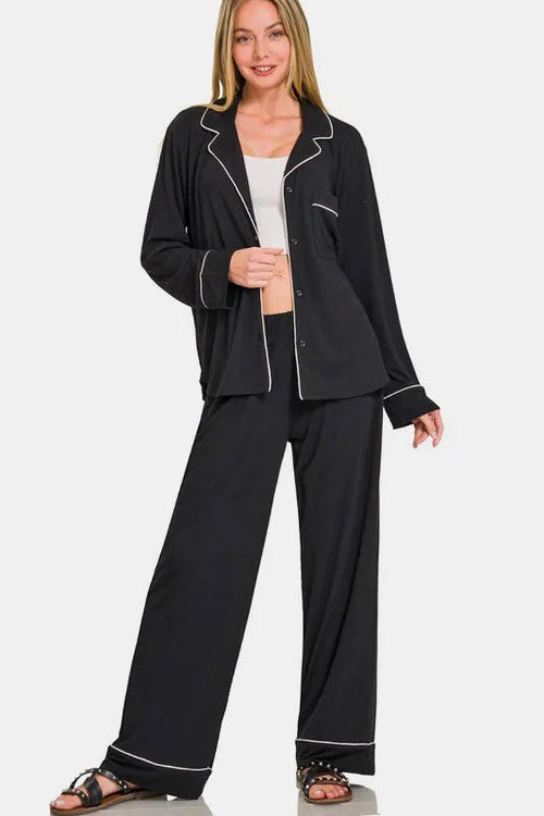 Button-Down Long Sleeve Top & Pants Lounge Set | VELORÉ