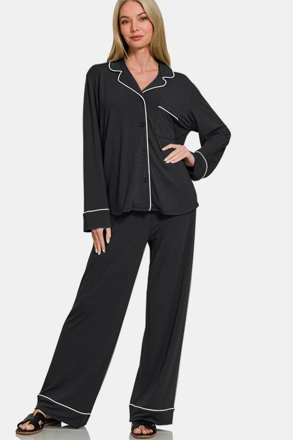 Button-Down Long Sleeve Top & Pants Lounge Set | VELORÉ