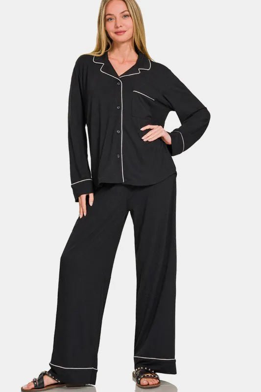 Button-Down Long Sleeve Top & Pants Lounge Set | VELORÉ