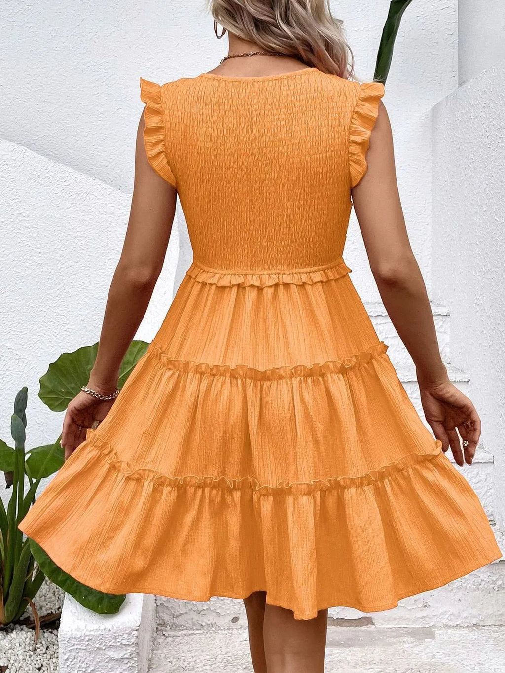 Ruffled V-Neck Cap Sleeve Dress | VELORÉ