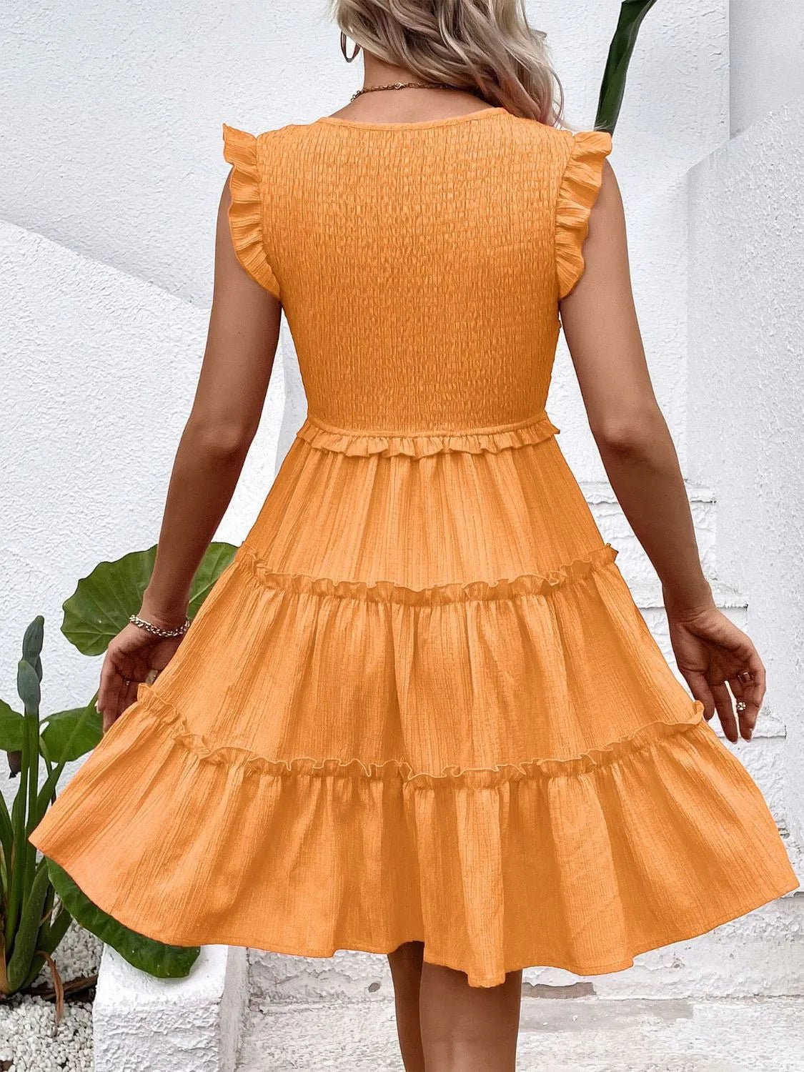 Ruffled V-Neck Cap Sleeve Dress | VELORÉ