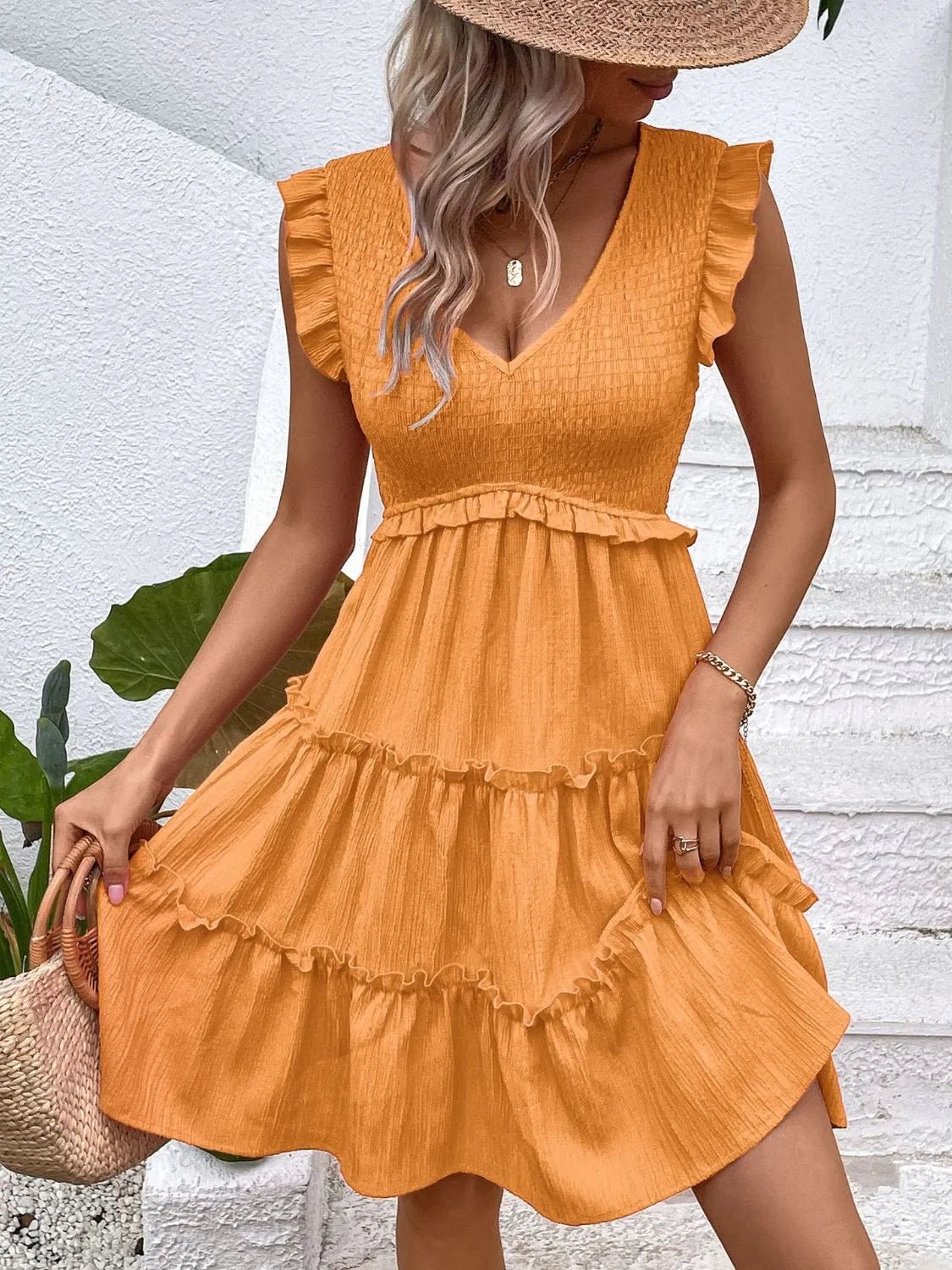 Ruffled V-Neck Cap Sleeve Dress | VELORÉ