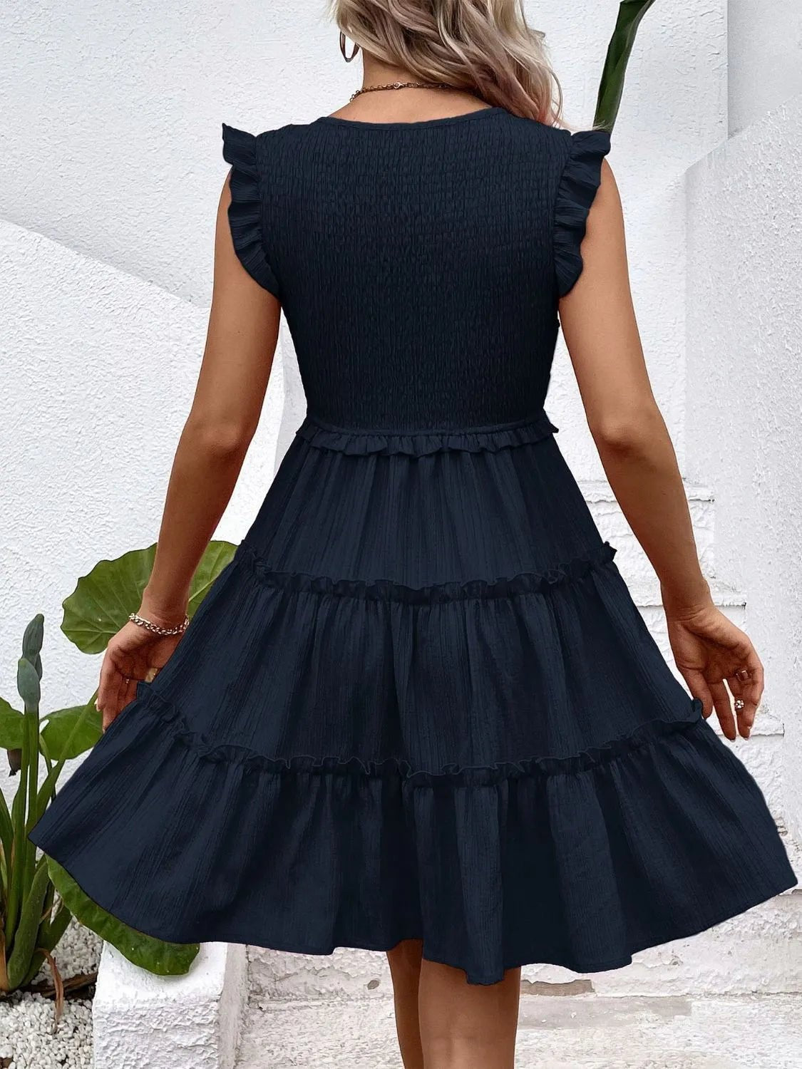 Ruffled V-Neck Cap Sleeve Dress | VELORÉ