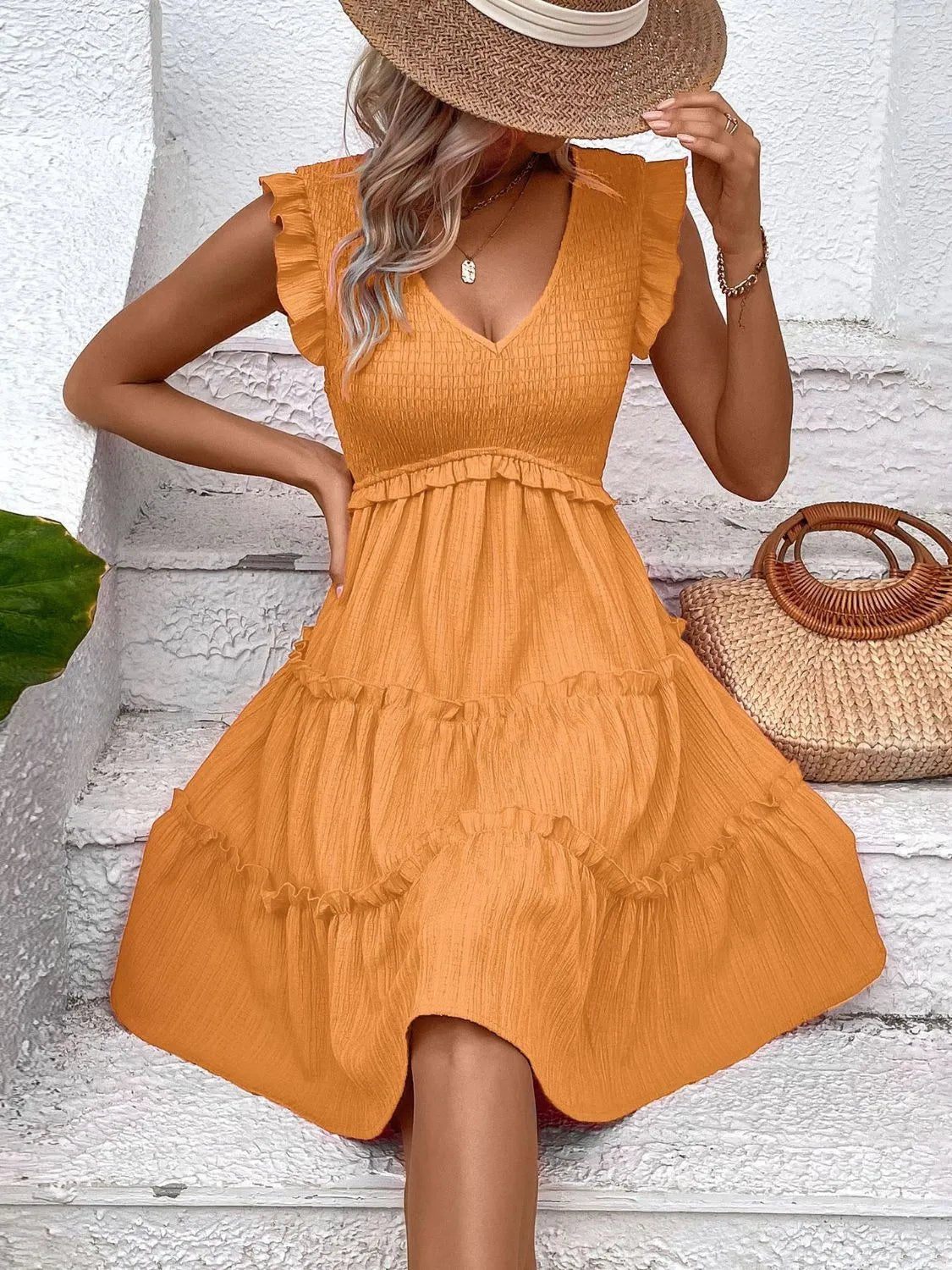 Ruffled V-Neck Cap Sleeve Dress | VELORÉ