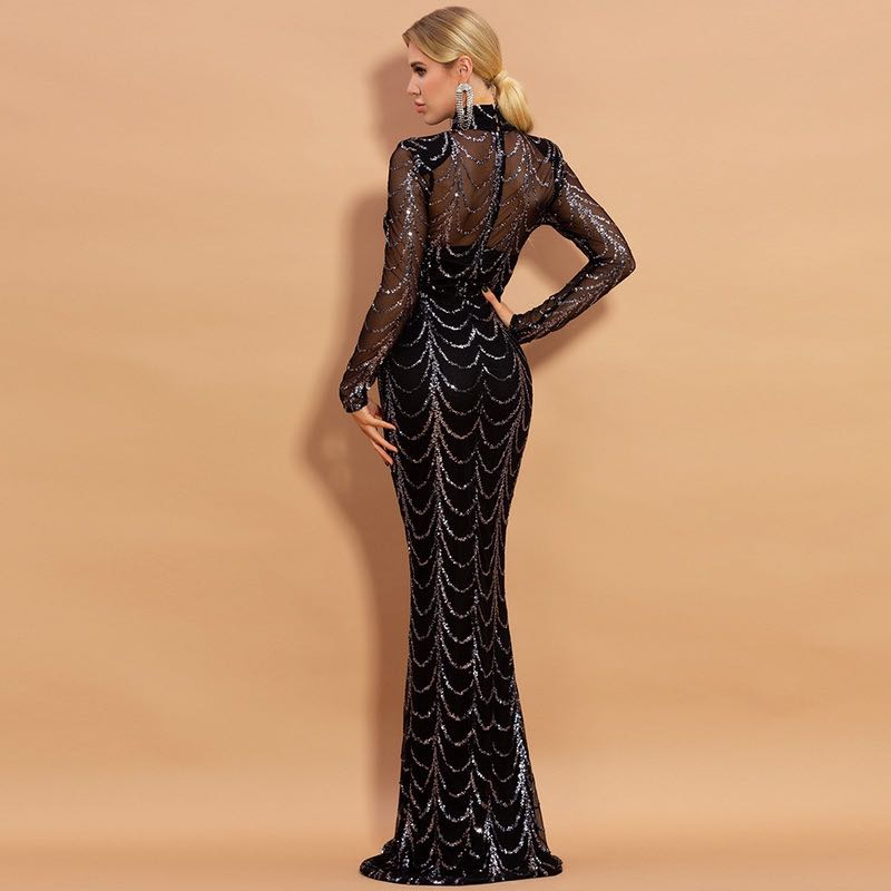Sequins Women Maxi Dresses Long Sleeve Female Party Dresses - VELORÉ