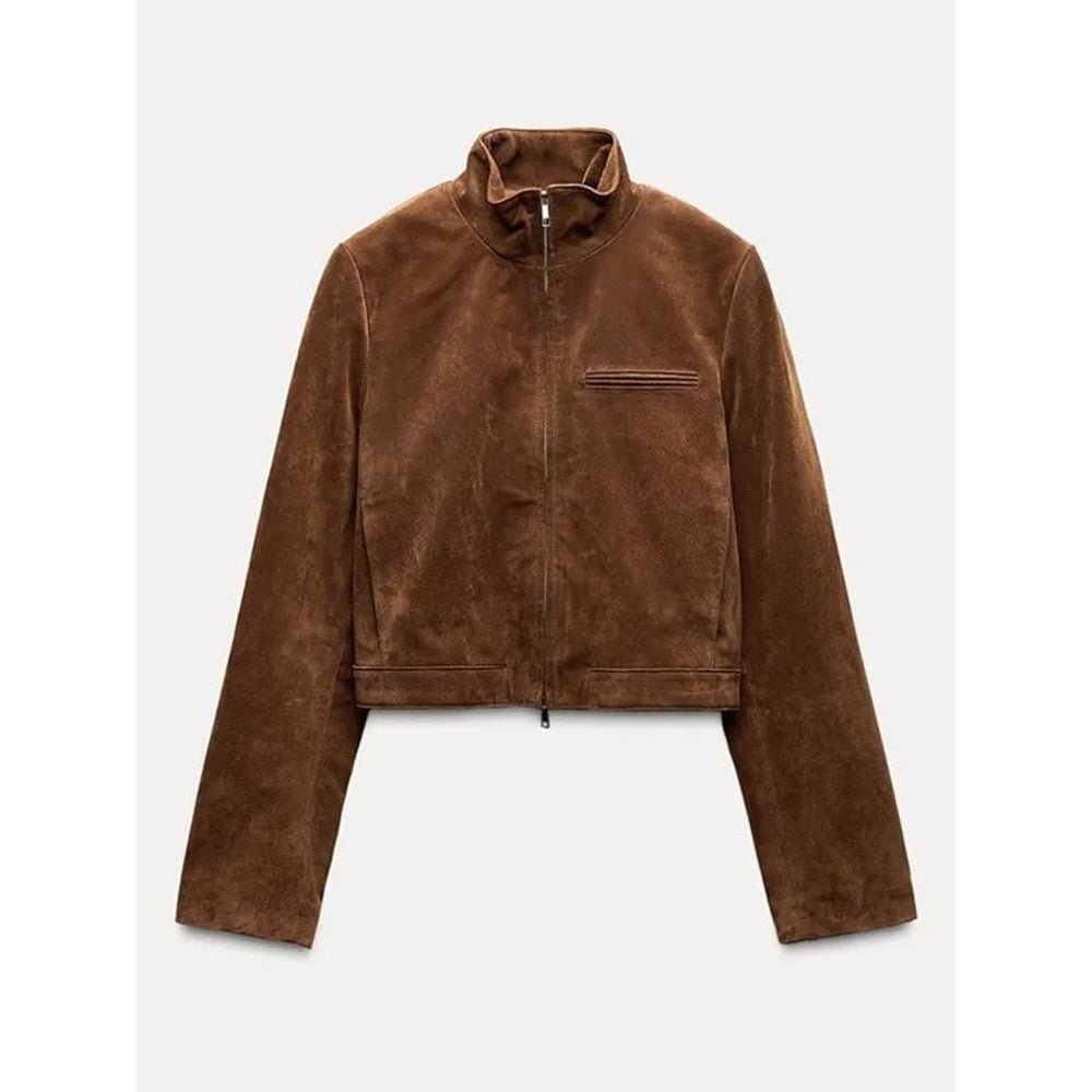 Spring Short Suede Jackets Women Brown Stand Collar Zip - VELORÉ