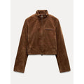 Spring Short Suede Jackets Women Brown Stand Collar Zip - VELORÉ