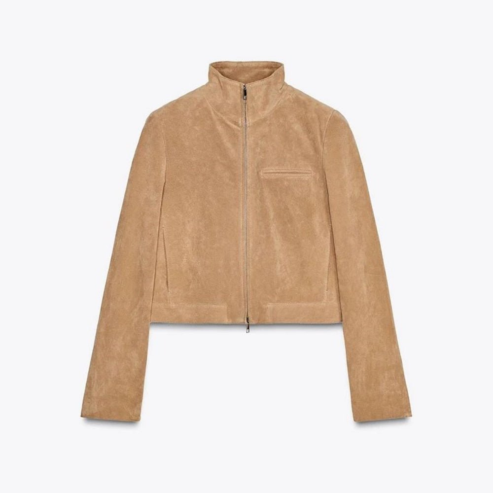 Spring Short Suede Jackets Women Brown Stand Collar Zip - VELORÉ