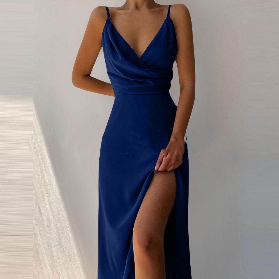 V-neck Slit Sling Dress Summer Fashion Sexy Slim Suspender Dresses For Women Clothing - VELORÉ