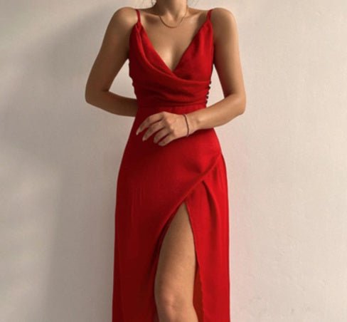 V-neck Slit Sling Dress Summer Fashion Sexy Slim Suspender Dresses For Women Clothing - VELORÉ