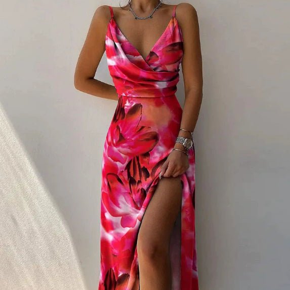 V-neck Slit Sling Dress Summer Fashion Sexy Slim Suspender Dresses For Women Clothing - VELORÉ
