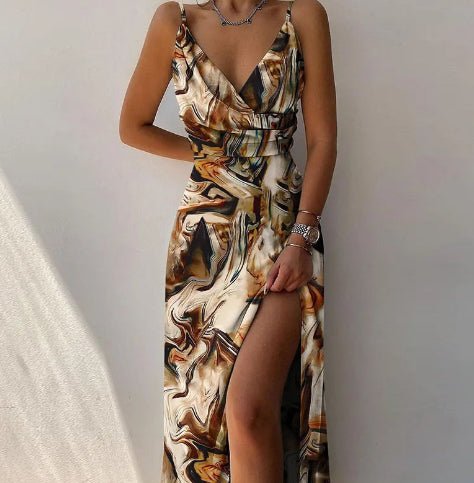 V-neck Slit Sling Dress Summer Fashion Sexy Slim Suspender Dresses For Women Clothing - VELORÉ