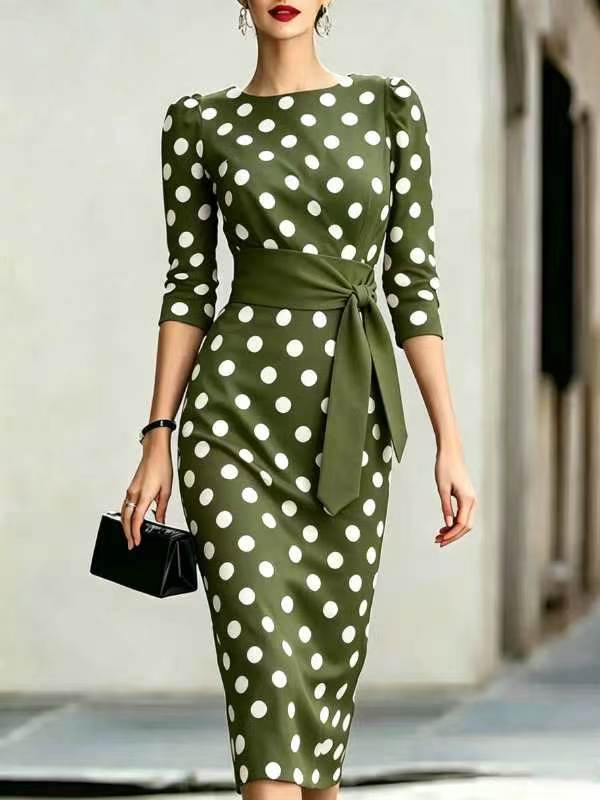Polka dot midi dress with waist belt | VELORÉ
