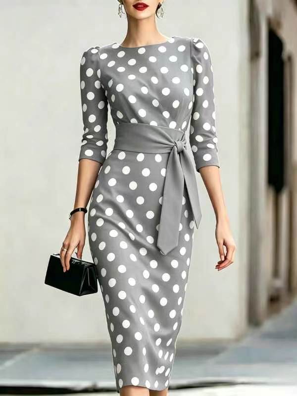 Polka dot midi dress with waist belt | VELORÉ