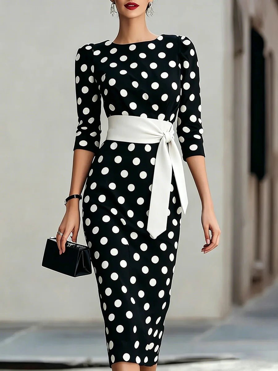 Polka dot midi dress with waist belt | VELORÉ