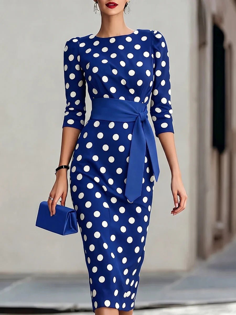 Polka dot midi dress with waist belt | VELORÉ