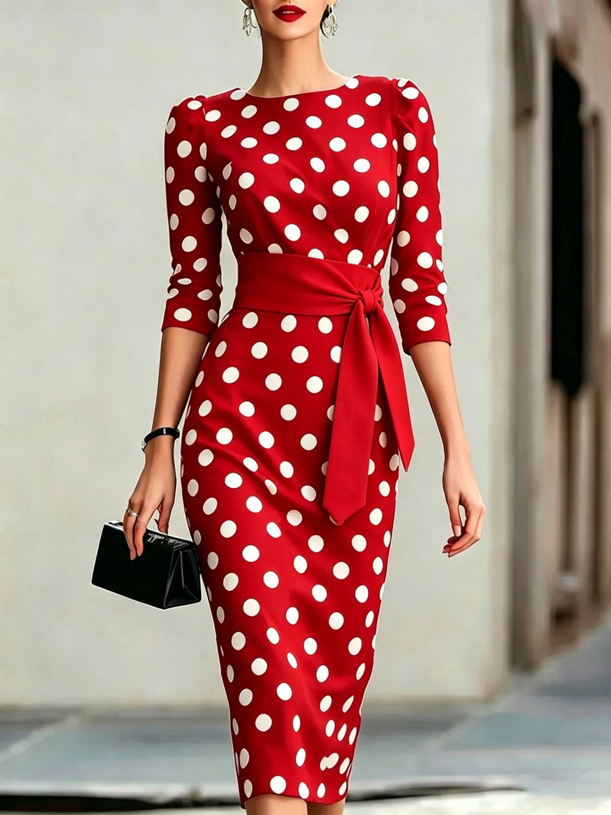 Polka dot midi dress with waist belt | VELORÉ