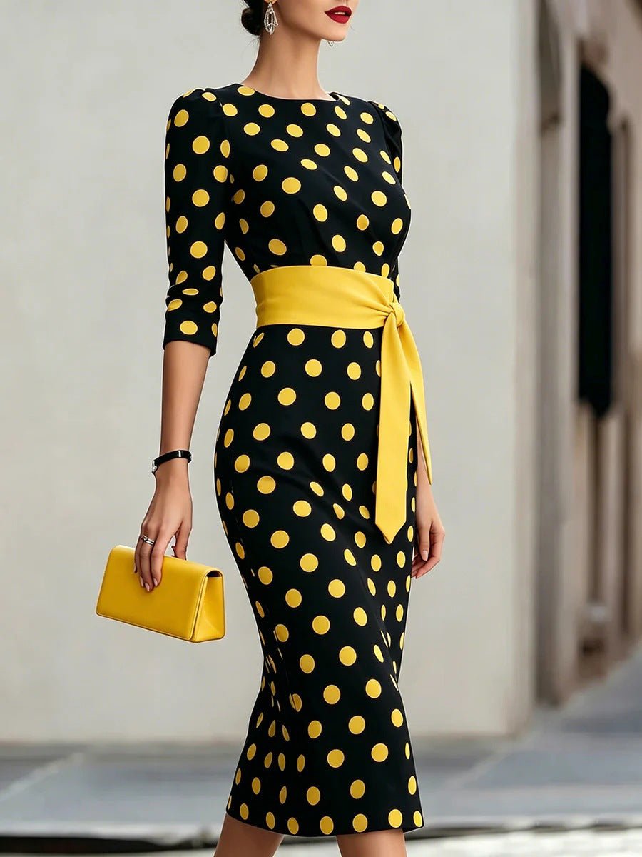 Polka dot midi dress with waist belt | VELORÉ