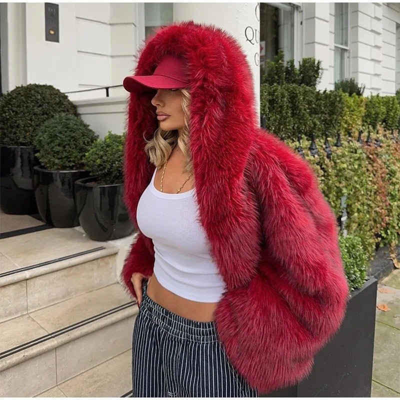 Women's Green Fur Faux Fox Fur Hooded Coat - VELORÉ