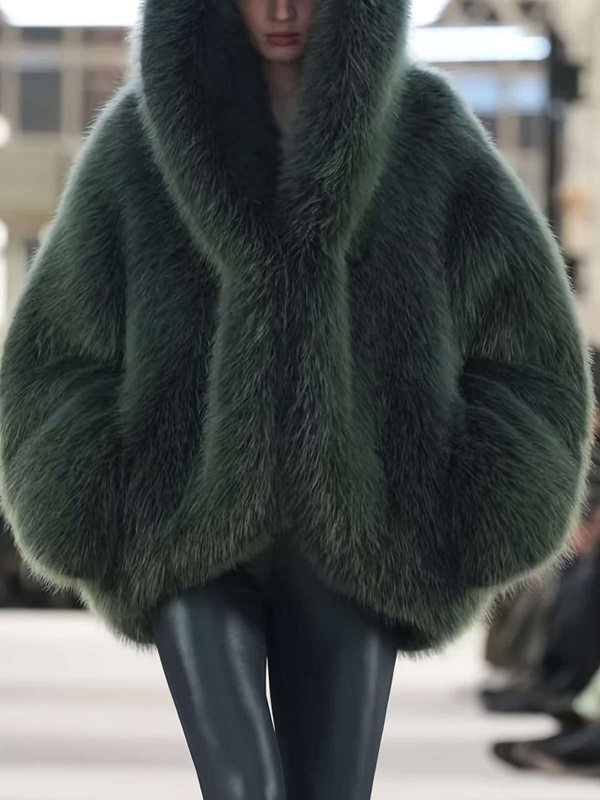 Women's Green Fur Faux Fox Fur Hooded Coat - VELORÉ