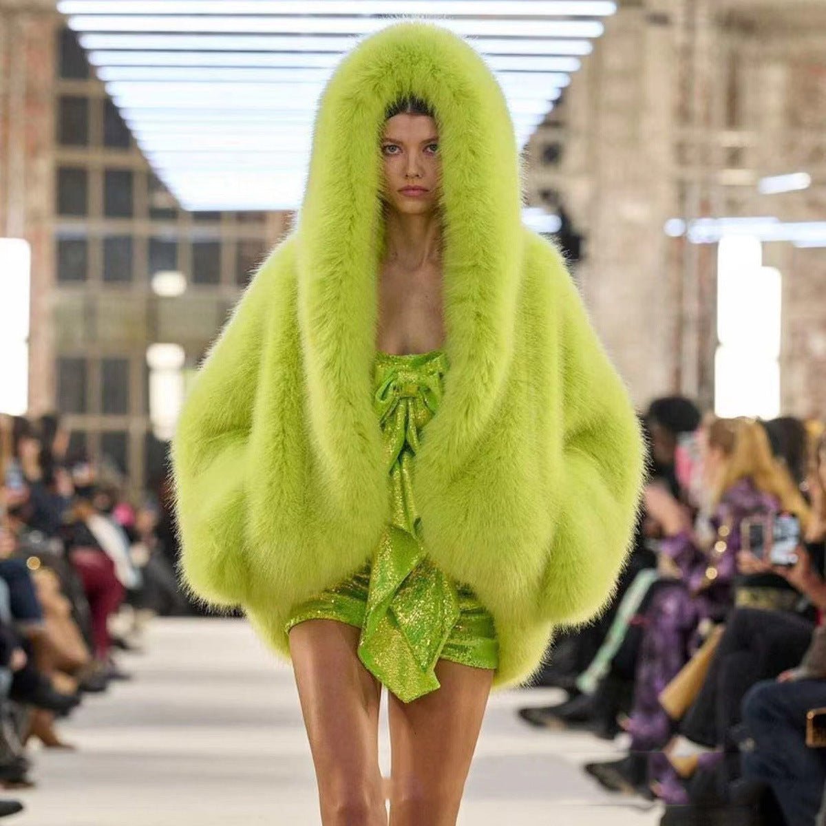 Women's Green Fur Faux Fox Fur Hooded Coat - VELORÉ