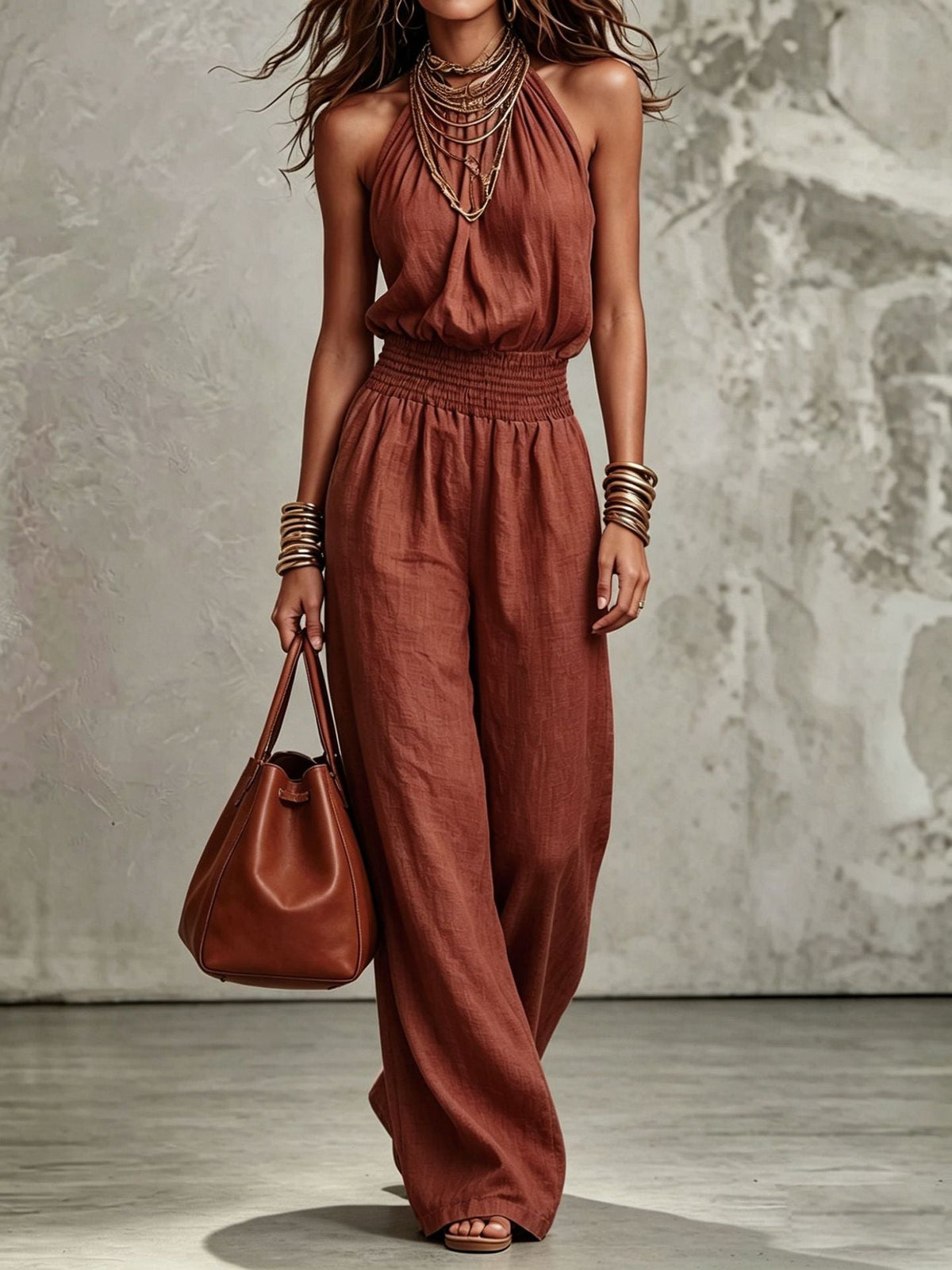 Backless Lace-up Womens Wide-leg Jumpsuit - VELORÉ