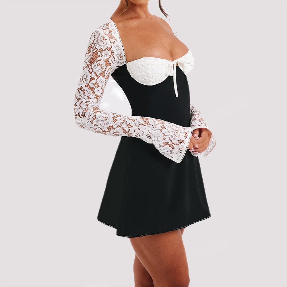 Y2K Lace Long Sleeve Dress Fashion Sexy Corset Backless Lace Up Short Dresses Womens Clothing - VELORÉ